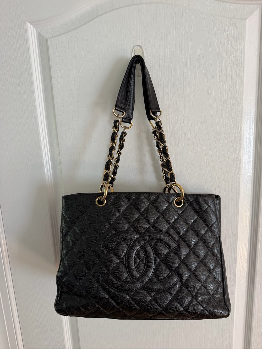 CHANEL Black Quilted Caviar GST Bag with Gold Hardware